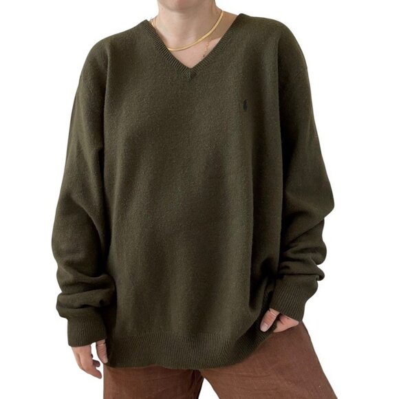 Vintage 1990s Polo Ralph Lauren Olive Green 100% Lambs Wool V Neck Sweater 4XL - Picture 5 of 8